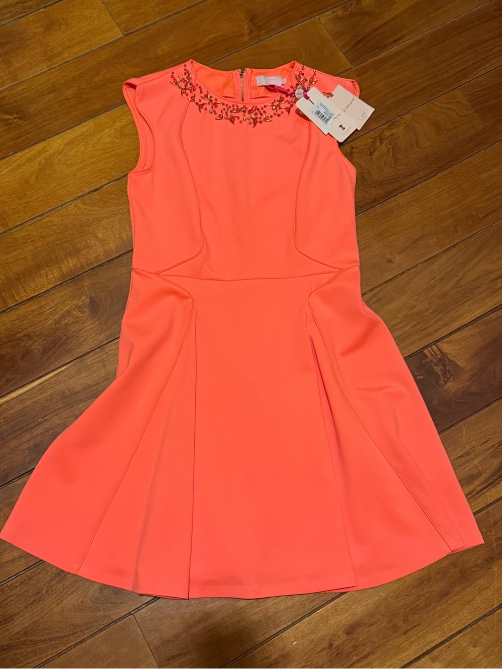NWT Ted Baker Neon Coral Embellished Sleeveless Dress
